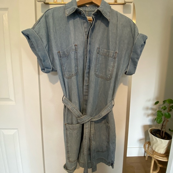 Etica Pants - Erica Adela Pinstripe Women’s Med Denim Blue Utility Romper Belted Light Wash